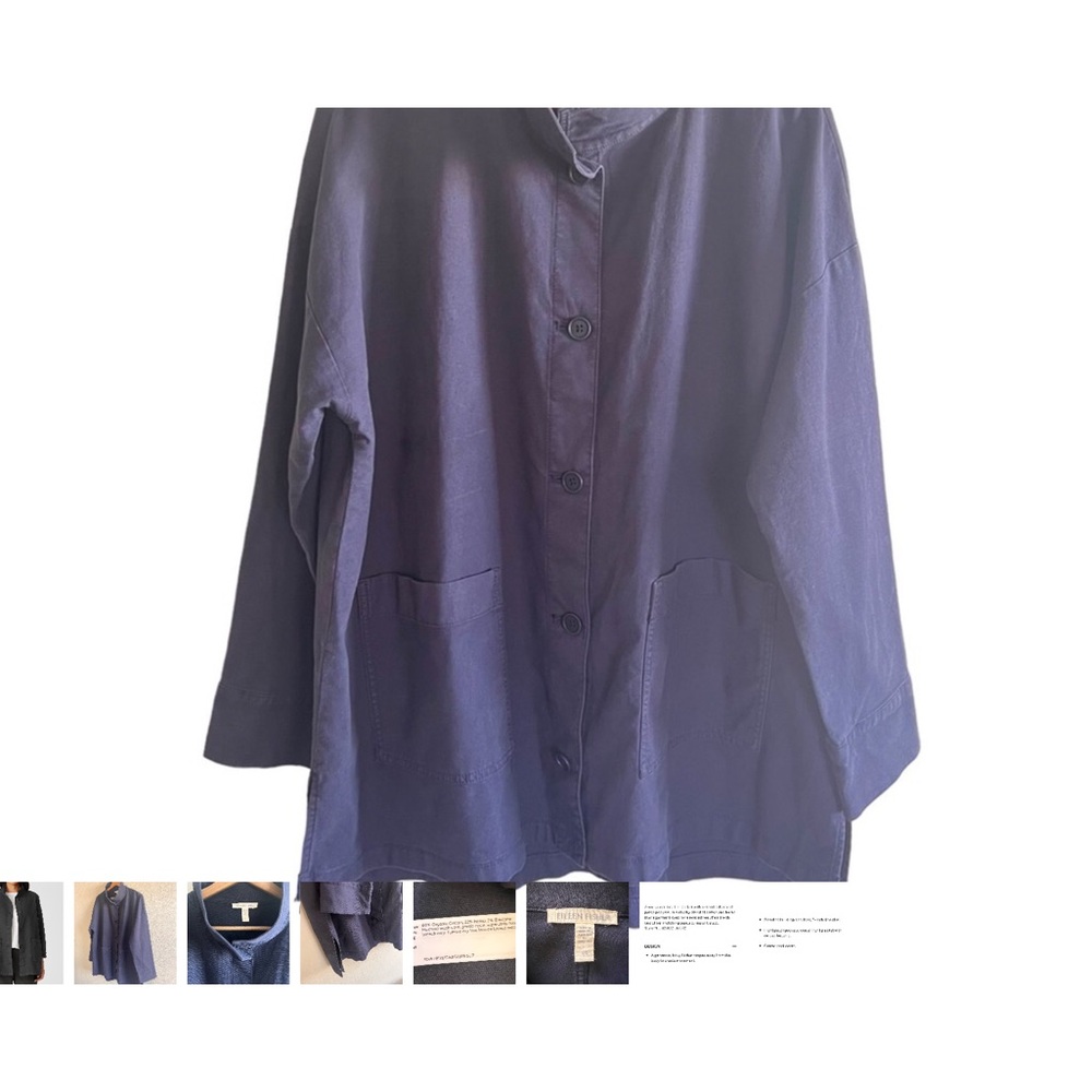 Eileen Fisher stand collar cotton hemp navy jacket L/G